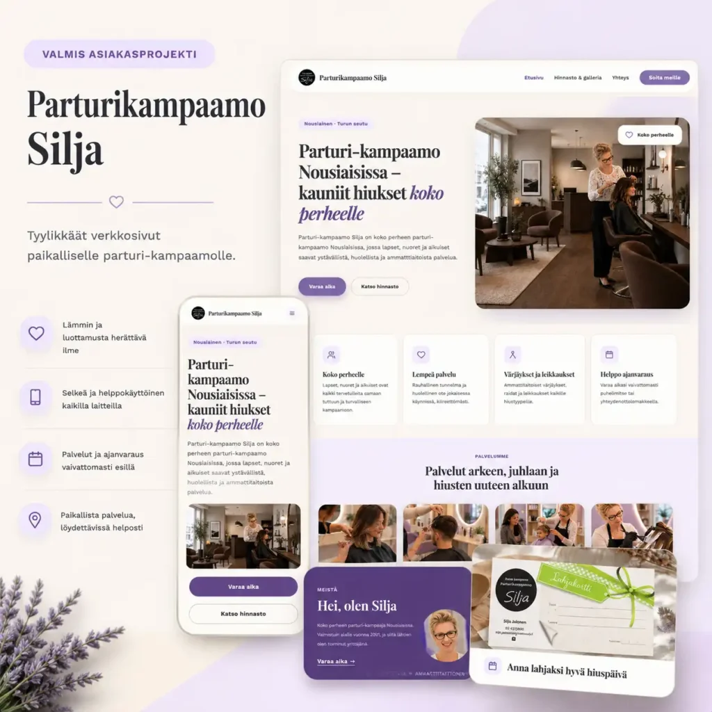 Parturikampaamo Siljan uudet responsiiviset verkkosivut esiteltynä tietokoneella ja mobiilissa, mukana palvelut, yhteystiedot, lahjakortti ja kampaamon visuaalinen ilme.