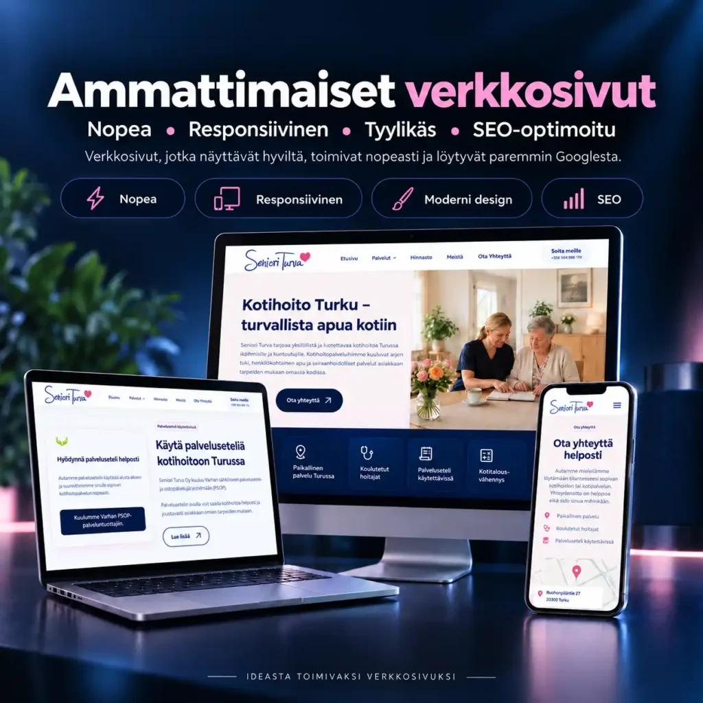 Seniori Turvan moderni ja responsiivinen verkkosivusto tietokoneella, kannettavalla ja puhelimella – Kotisivutaidon toteuttama verkkosivuprojekti.